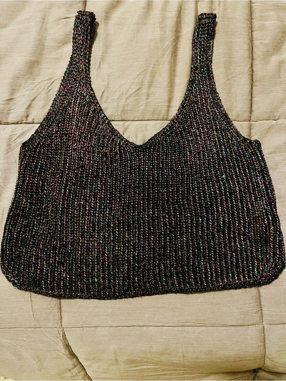 American Apparel shiny iridescent holographic rainbow knit knitted black tank